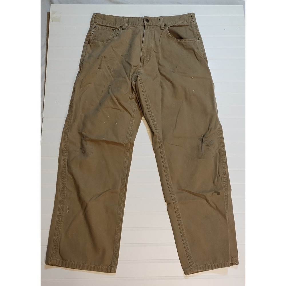 Carhartt Loose Fit Work Pants Khaki Canvas Mens 34x30‎ Utility Workwear Distress
